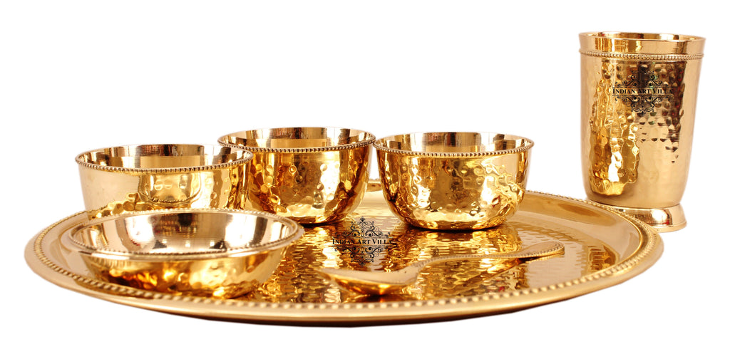 Indian Art Villa Brass Hammered Dinner Set, Thali Set with Beaded Designer Line, Set of 7 , Dinnerware, Tableware