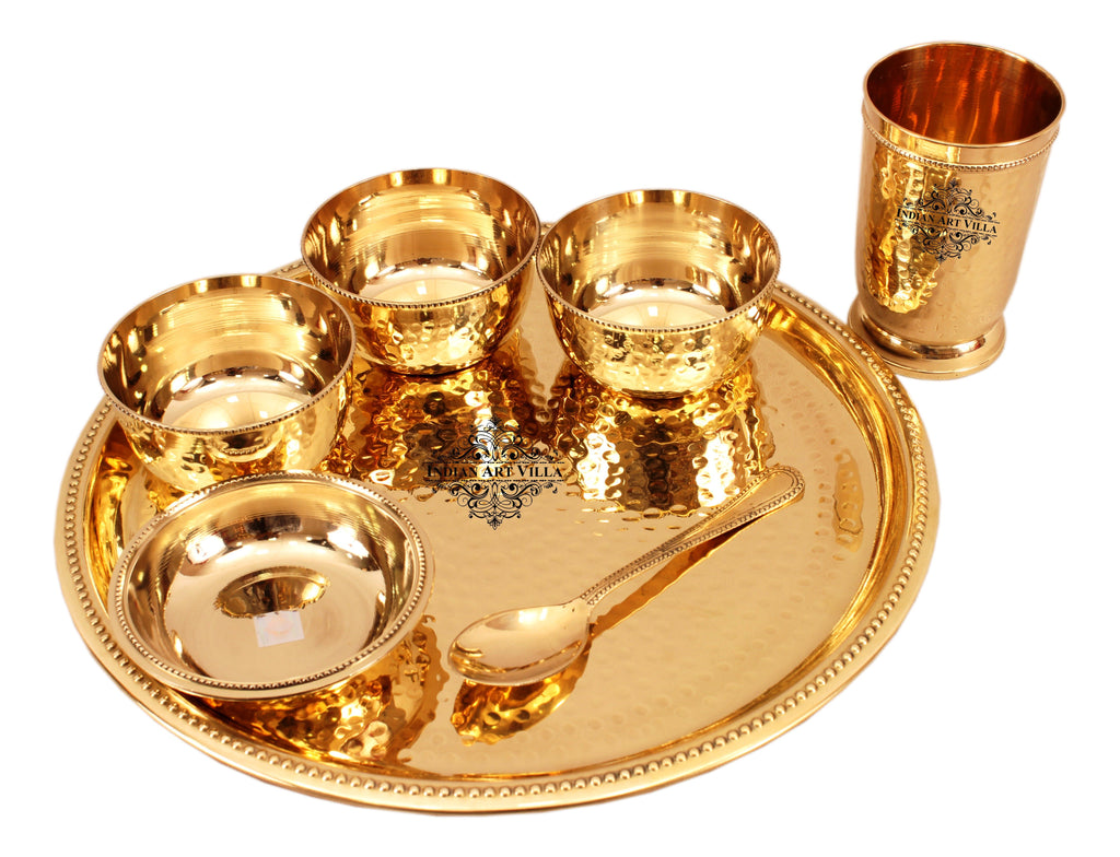 Indian Art Villa Brass Hammered Dinner Set, Thali Set with Beaded Designer Line, Set of 7 , Dinnerware, Tableware