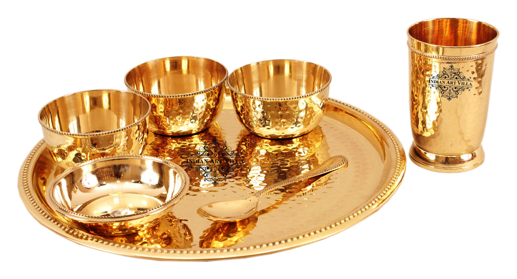 Brass Hammered Dinner Set, Thali Set with Beaded Designer Line, Set of 7 , Dinnerware, Tableware