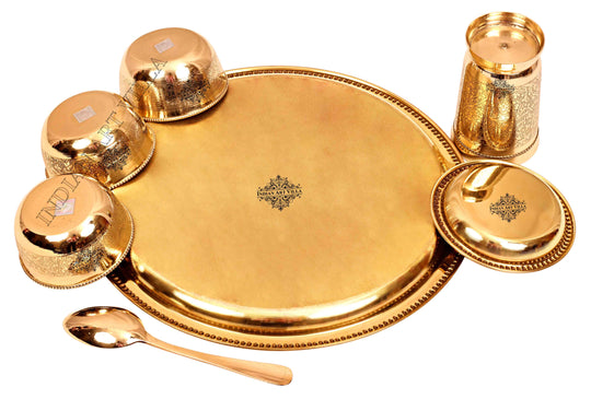 Brass Thali Dinner set of 7 Pieces, Mughlai Style, Embossed Design, Beaded Lining | Dinnerware