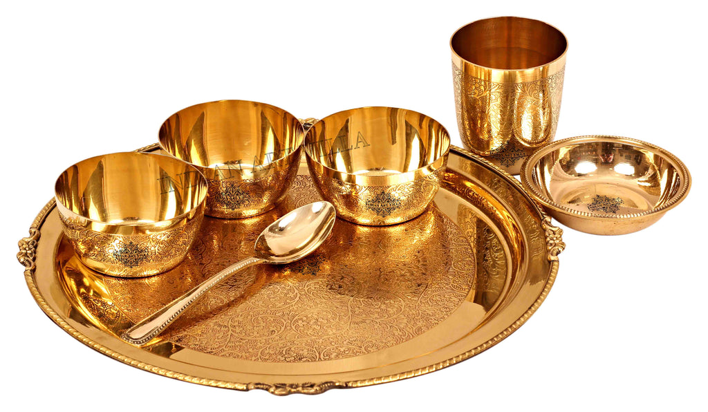 Indian Art Villa Brass Thali Dinner set of 7 Pieces, Mughlai Style, Embossed Design | Dinnerware