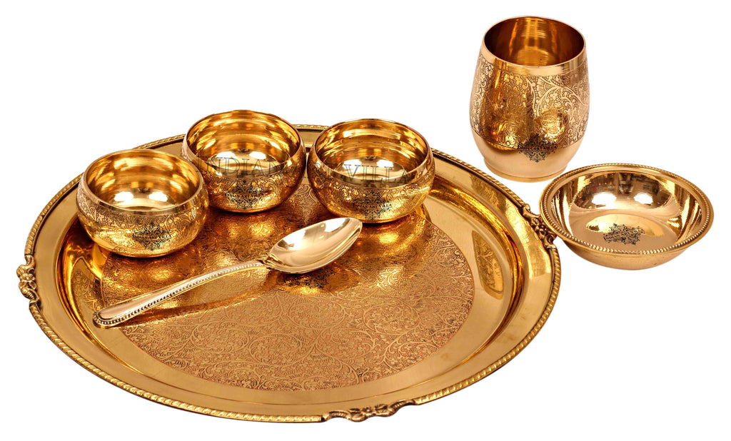 Indian Art Villa Brass Thali Dinner set of 7, Mughlai Style, Embossed Design | Dinnerware