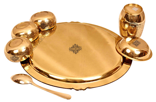 Brass Thali Dinner set of 7, Mughlai Style, Embossed Design | Dinnerware