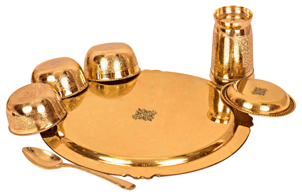 Brass Thali Dinner set of 7, Mughlai Style, Embossed Design, Beaded Lining | Dinnerware