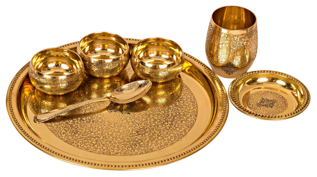 Indian Art Villa Brass Thali Dinner set of 7, Mughlai Style, Embossed Design, Beaded Lining | Dinnerware