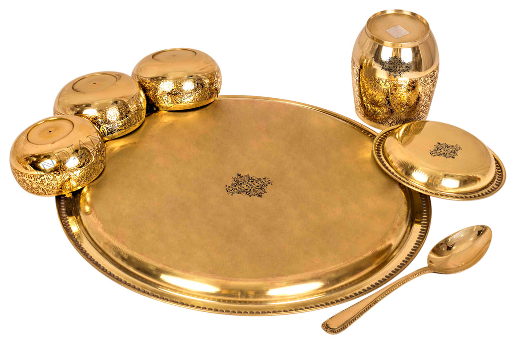 Brass Thali Dinner set of 7, Mughlai Style, Embossed Design, Beaded Lining | Dinnerware