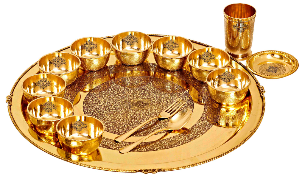 INDIAN ART VILLA Brass 14 Pieace Dinner Set with Embossed Design