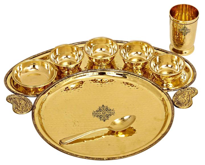 Brass Hammered Maharaja Style Dinner Set of 8 Pieces With Beaded Design, Dinnerware,  Tableware