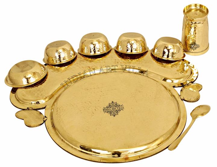 Brass Hammered Maharaja Style Dinner Set of 8 Pieces With Beaded Design, Dinnerware,  Tableware