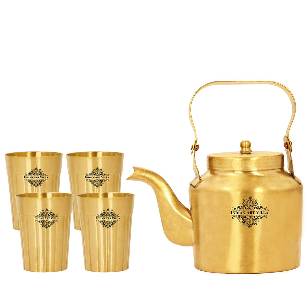 Brass Teapot, Kettle Inside Tin Lining With Glasses | Tableware | Serveware | Gold  | 350 ML