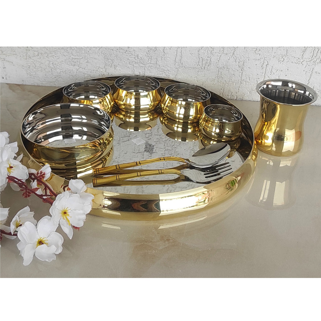 INDIAN ART VILLA Steel Brass Plain Glossy Dinner Set of 9, Tableware, Dinnerware