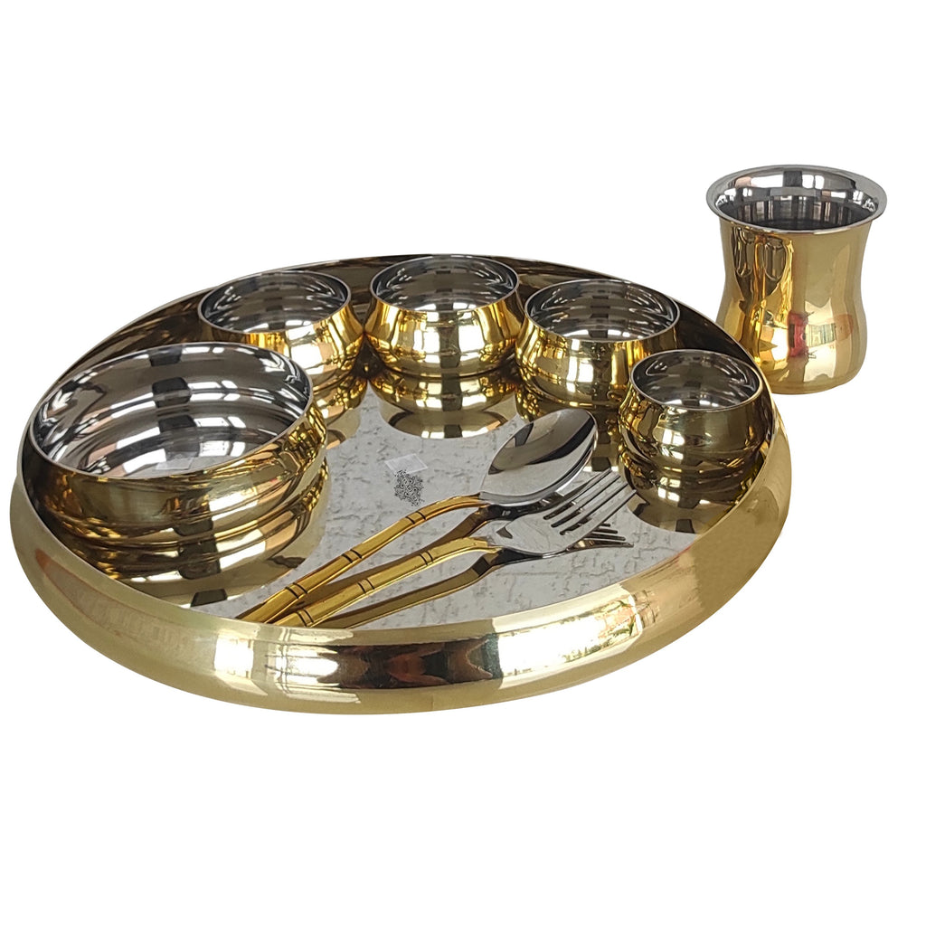 INDIAN ART VILLA Steel Brass Plain Glossy Dinner Set of 9, Tableware, Dinnerware
