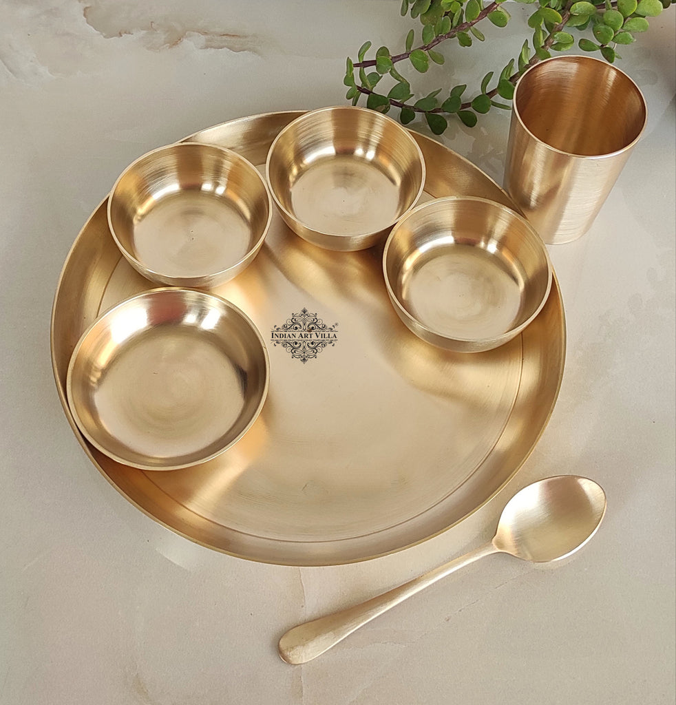 Indian Art Villa Pure Brass Matt Finish 7 Pieces Dinner Set / Thali Set, Dinnerware, Tableware