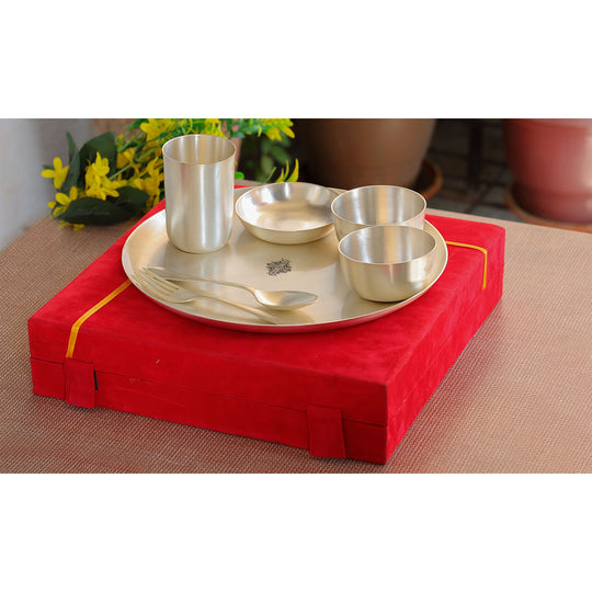 Silver plated brass dinner set matt finish 7 pieces side view — Indian Art Villa