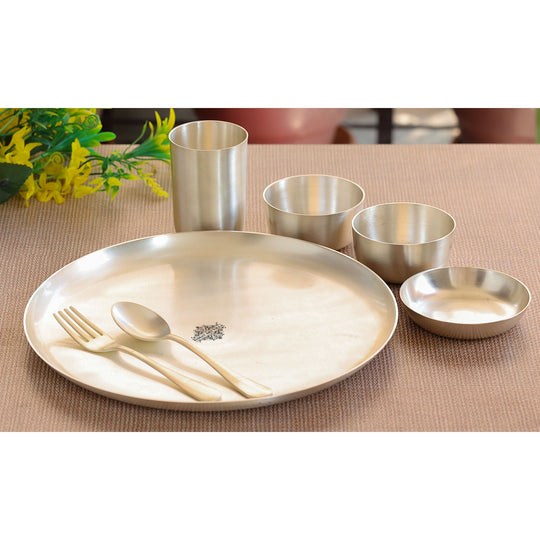 Silver plated brass dinner set matt finish 7 pieces top view — Indian Art Villa