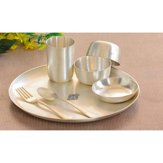 Silver plated brass dinner set matt finish 7 pieces angle view — Indian Art Villa