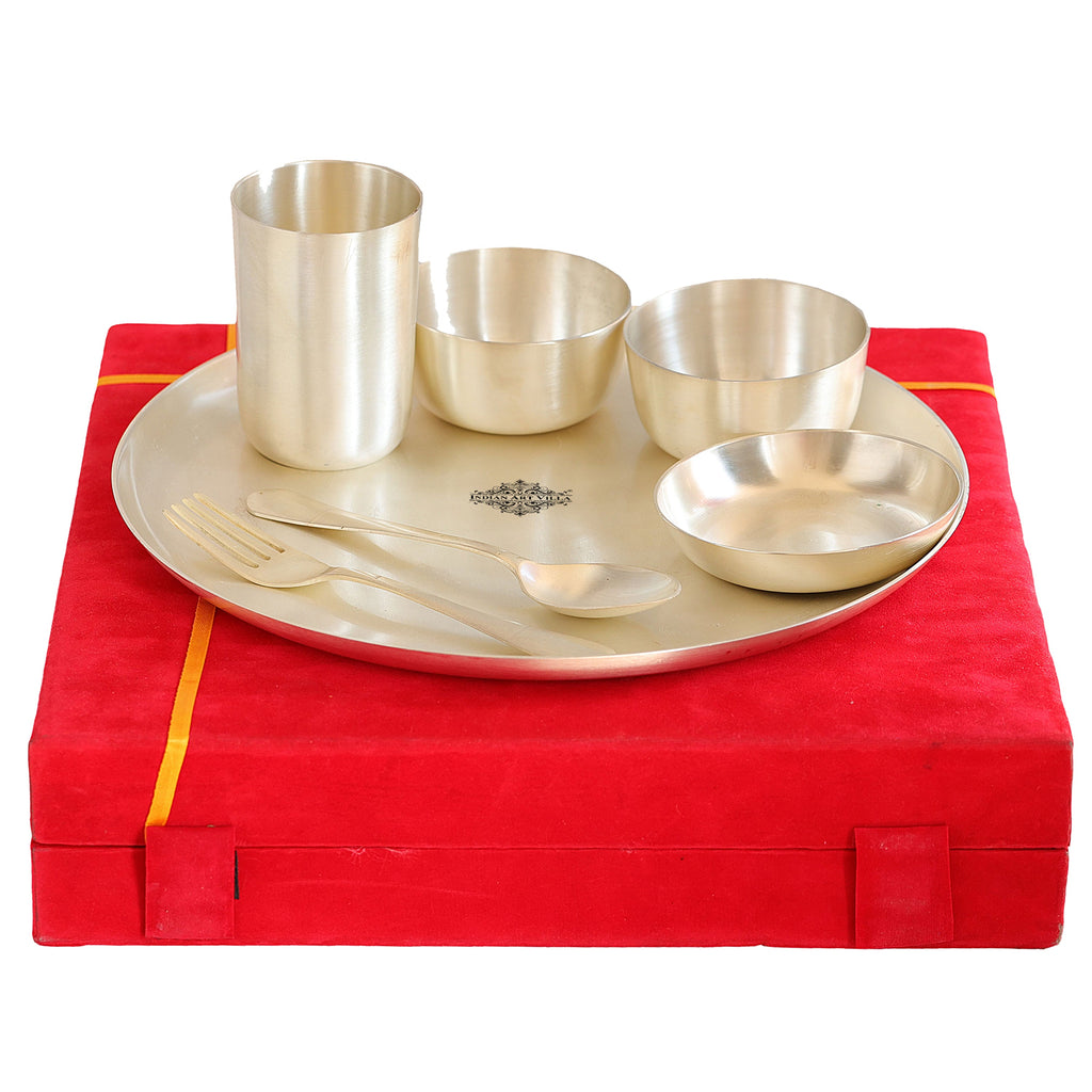 Indian Art Villa Silver Plated Brass Matt Finish 7 Pieces Dinner Set, 1 Thali, 2 Katori, 1 Small Bowl, 1  Glass, 1 Fork & 1 Spoon
