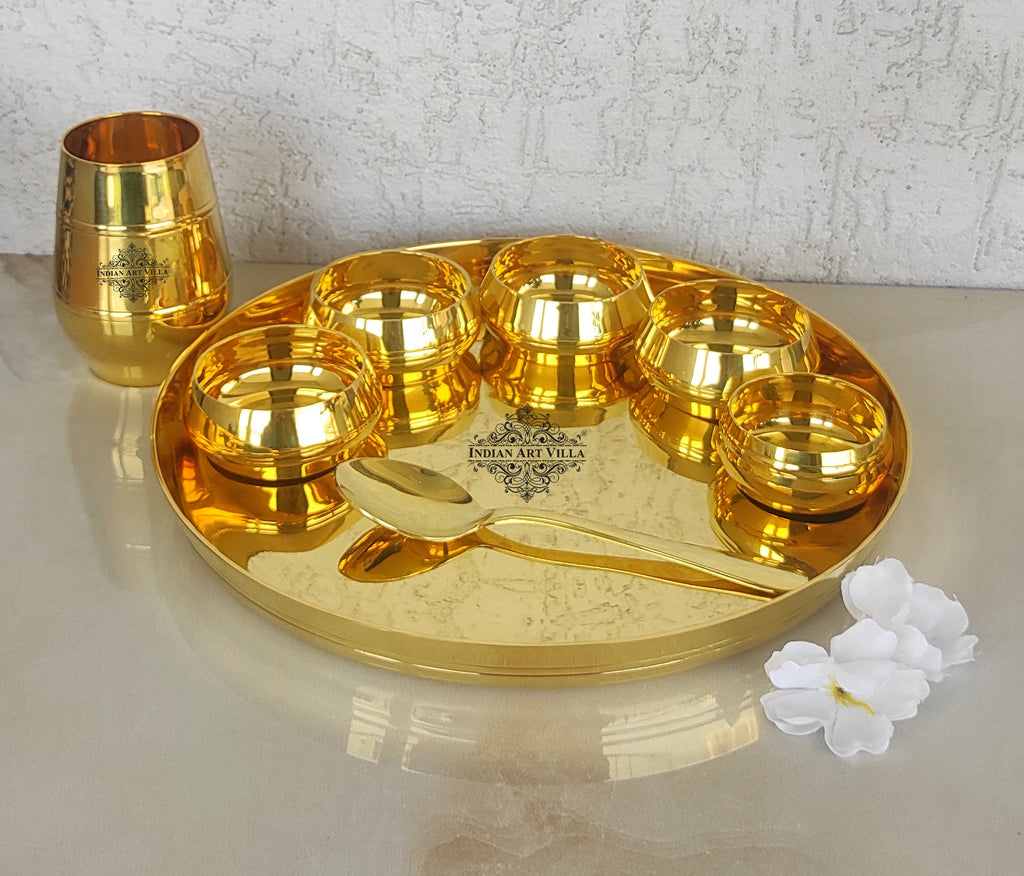 INDIAN ART VILLA Brass Shine Finish 8 Pieces Dinner Set of 1 Thali 1 Glass 1 Spoon 1 Small Bowl & 4 Midium Bowl