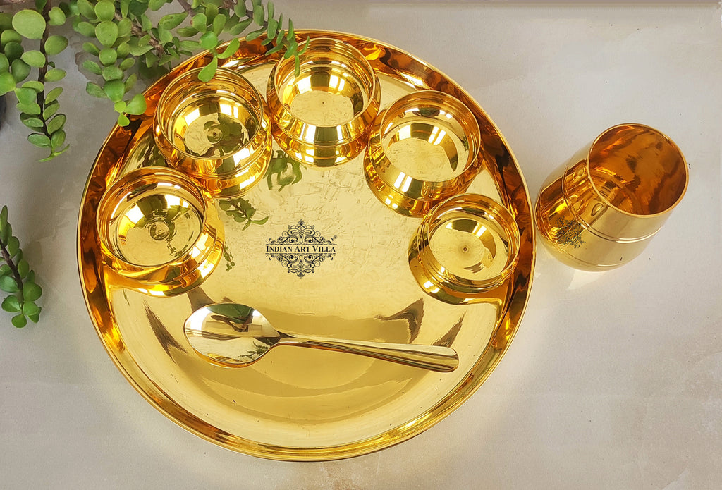 INDIAN ART VILLA Brass Shine Finish 8 Pieces Dinner Set of 1 Thali 1 Glass 1 Spoon 1 Small Bowl & 4 Midium Bowl