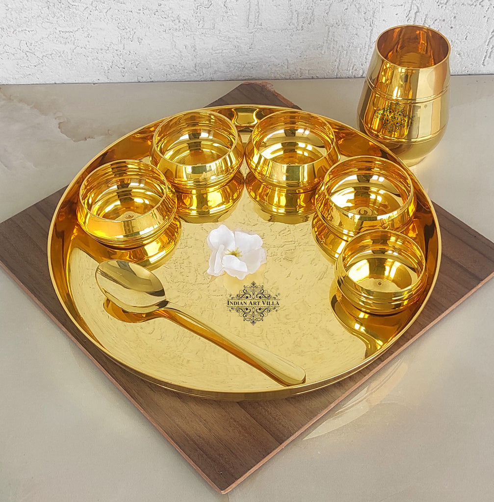 Indian Art Villa Brass Shine Finish 8 Pieces Dinner Set of 1 Thali, 1 Glass, 1 Spoon, 1 Small Bowl & 4 Midium Bowl