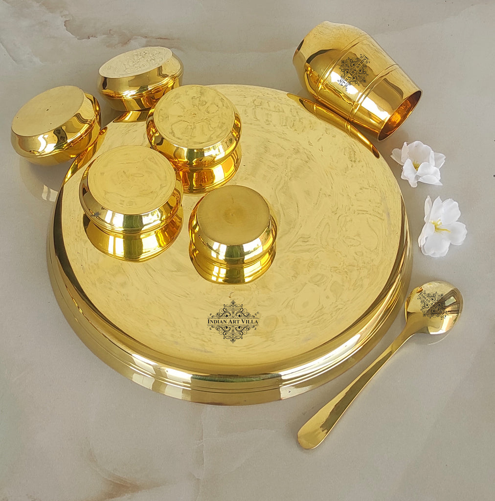 Indian Art Villa Brass Shine Finish 8 Pieces Dinner Set of 1 Thali, 1 Glass, 1 Spoon, 1 Small Bowl & 4 Midium Bowl