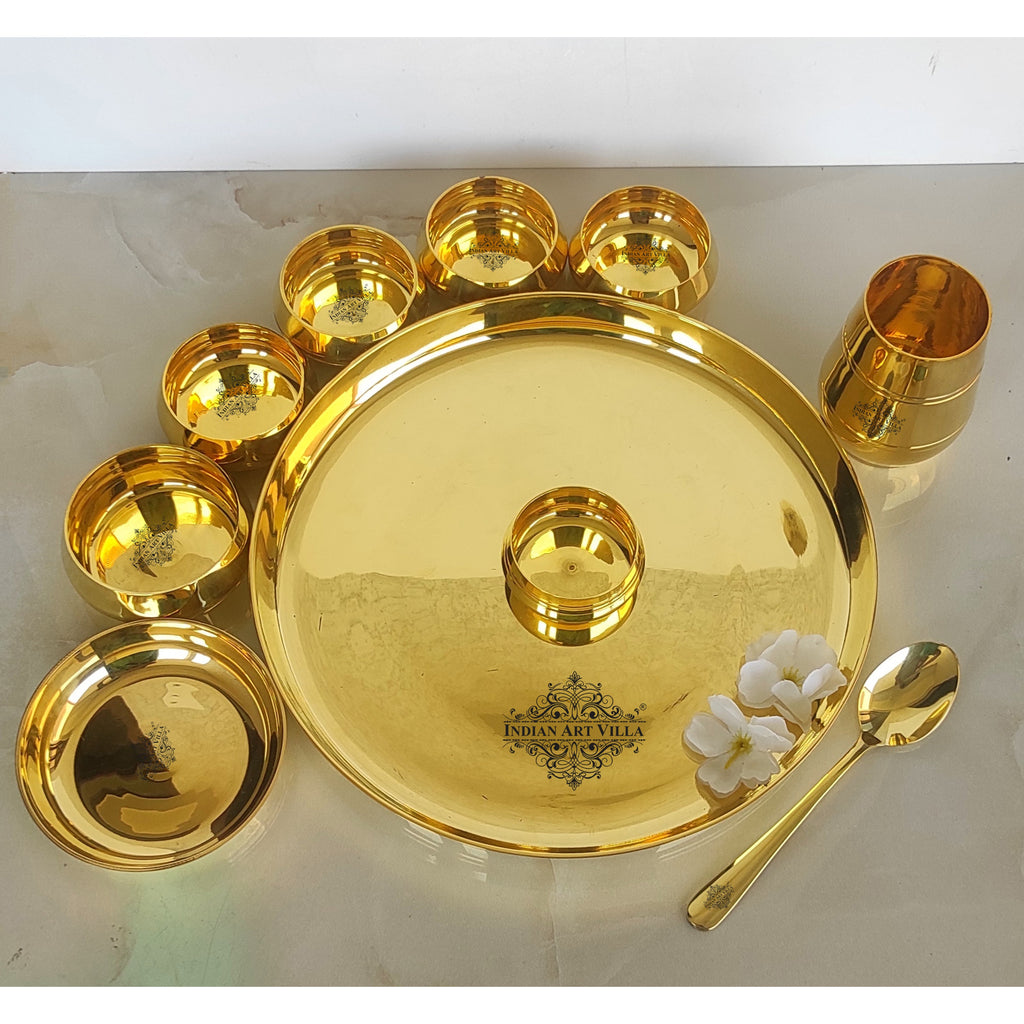 Brass Shine Finish 10 Pieces Dinner Set of 1 Thali, 1 Glass, 1 Spoon, 1 Small Plate, 1 Small Bowl, 4 Midium Bowl & 1 Big Bowl