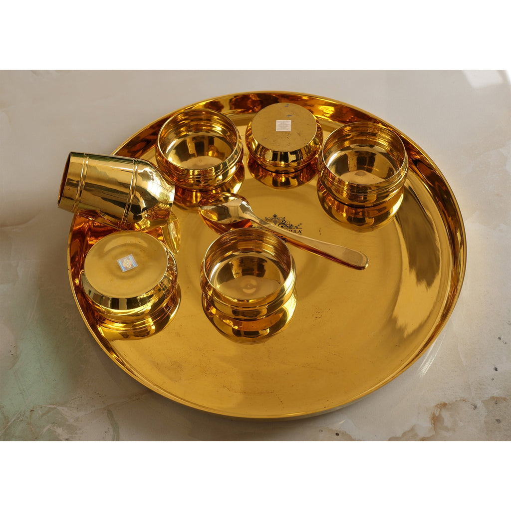Brass Shine Finish 8 Pieces Dinner Set of 1 Thali, 1 Glass, 1 Spoon, 1 Small Bowl, 4 Medium Bowl, Diameter-14.5" Inches