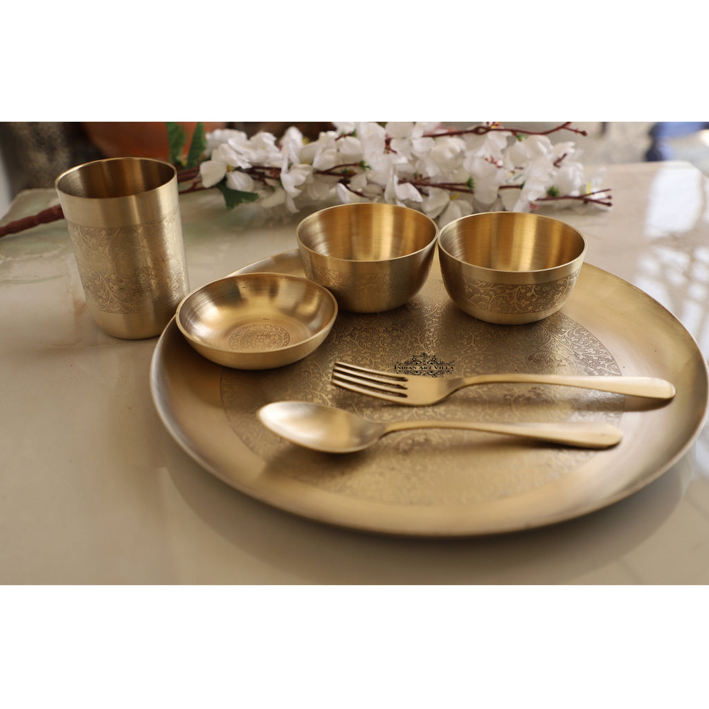 Indian Art Villa Brass Dinner Set With Embossed Matt Finish Design, Set of Thali, Glass, Spoon, Small Plate, Fork & Midium Bowl
