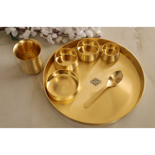 Brass 7 Pieces Dinner Set in Matt Finish, Set of 1 Thali, 1 Glass, 1 Spoon, 1 Halva Bowl, 2 Medium Bowl and 1 chutney bowl