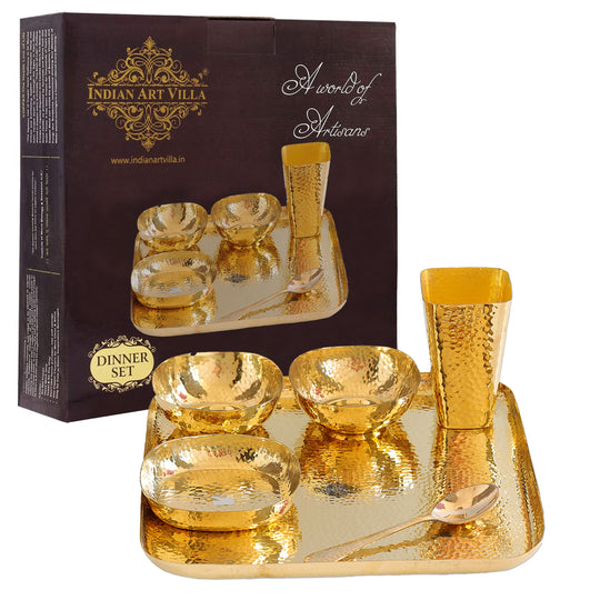 Indian Art Villa hammered brass dinner set with plate, bowls, glass, and spoon, perfect for traditional Indian dining.