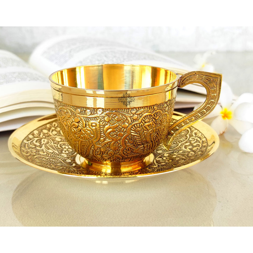 Indian Art Villa Pure Brass Tray With 4 Cup And Saucer Combo Set