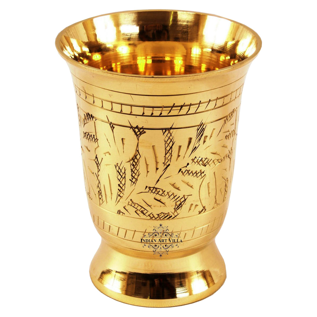Brass Mughlai Glass, Cup, Tumbler; Embossed Leaves Design | Drinkware |250 ML