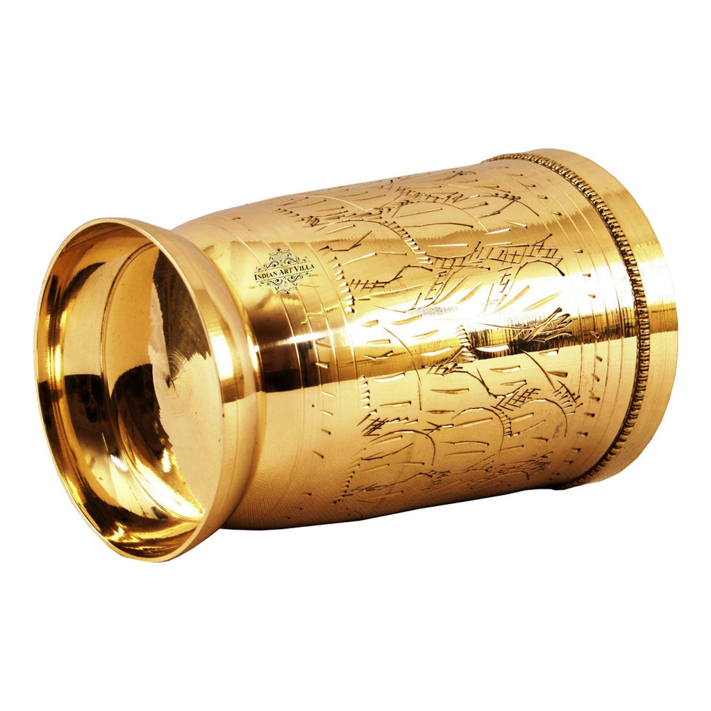 Brass Handmade Engraved Tumbler, Glass, Leaf Design with beaded Design | Drinkware | 250 ml