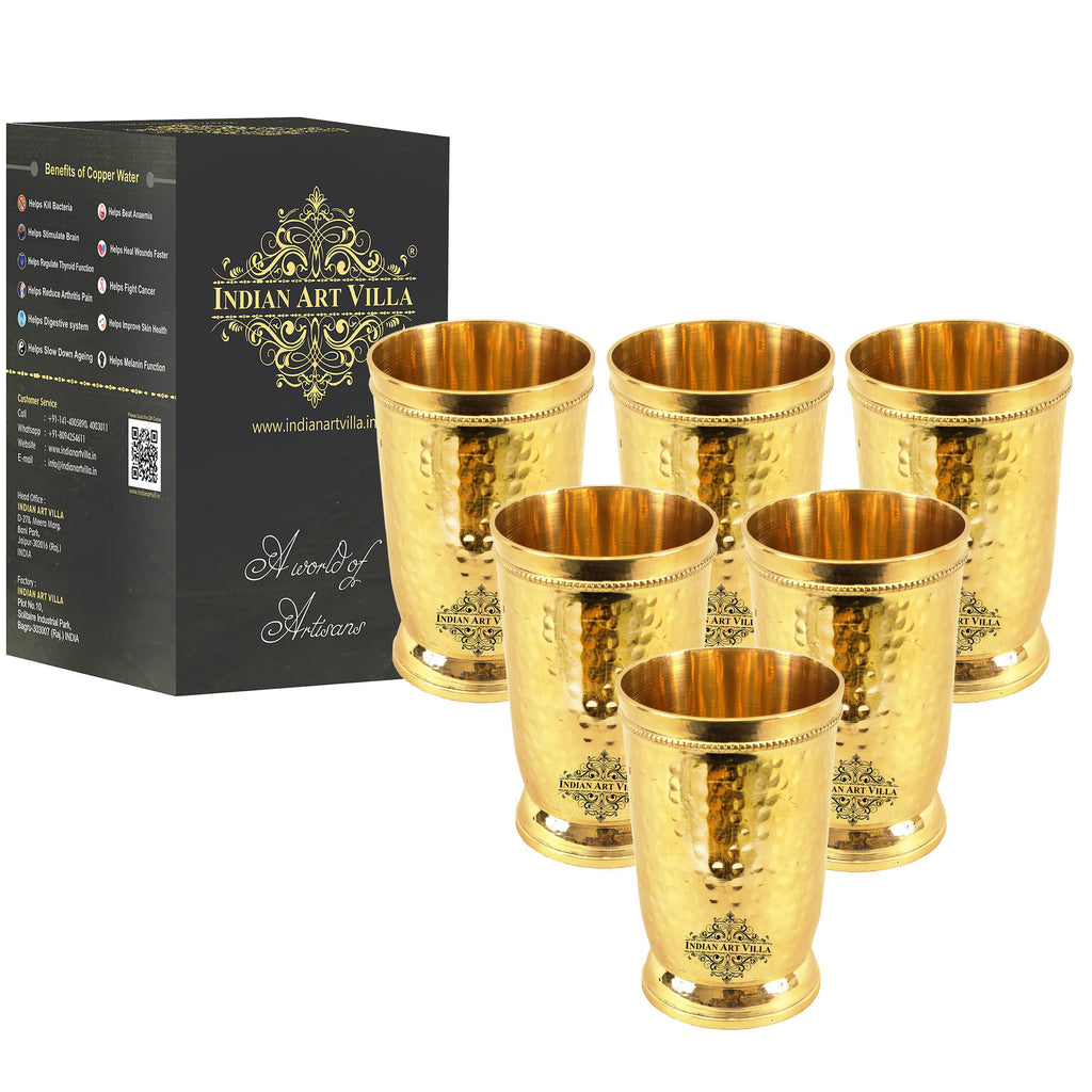 Indian Art Villa Pure Brass Hammered Design Glass, Tumbler | Drinkware | 300 ML