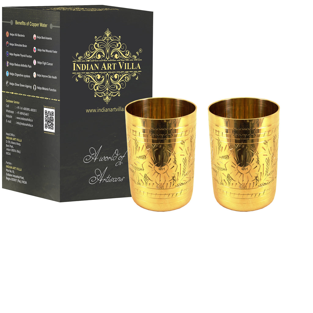 INDIAN ART VILLA Brass Designer Glass, Tumbler; Embossed Flower Design | Drinkware | 300 ML