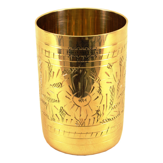 Handcrafted Pure Brass Glass with detailed floral embossing ideal for traditional decor and elegant table settings.