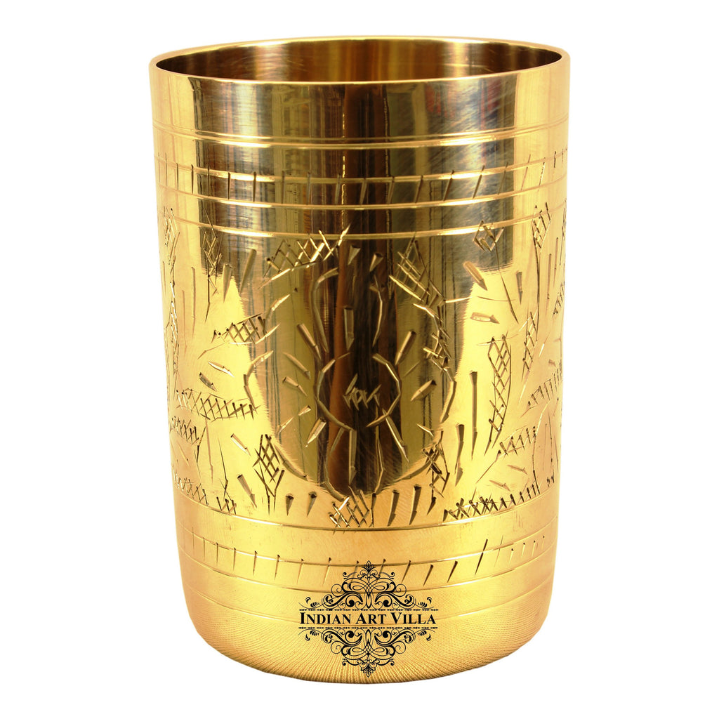 Brass Designer Glass, Tumbler; Embossed Flower Design | Drinkware | 300 ML