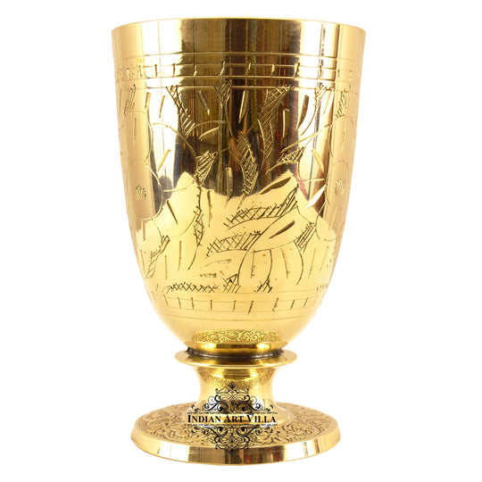 Brass glass with embossed leaves and decorative stand ideal for Indian Art Villa pooja sets home decor and gifting purpose