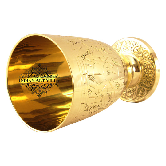 Hand finished brass glass set with leaf design and stable stand ideal for pooja thali festivals or ethnic themes