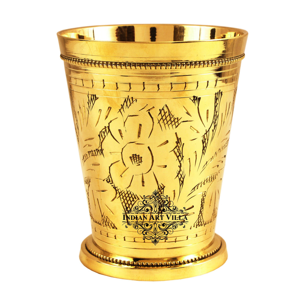 Indian Art Villa Handmade Brass Flower Design Julep Glass Tumbler Cup|Volume 400 ML