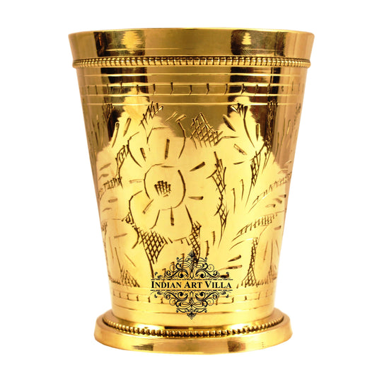 Floral Pattern Pure Brass Glass, Ideal for Serving Ayurvedic Water, Classic Tableware for Indian Households