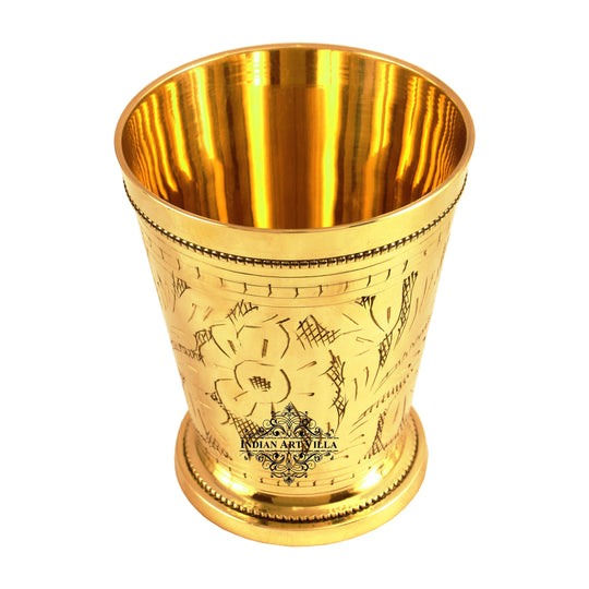 Traditional brass glass with floral design made for healthy water drinking and beautiful table presentation