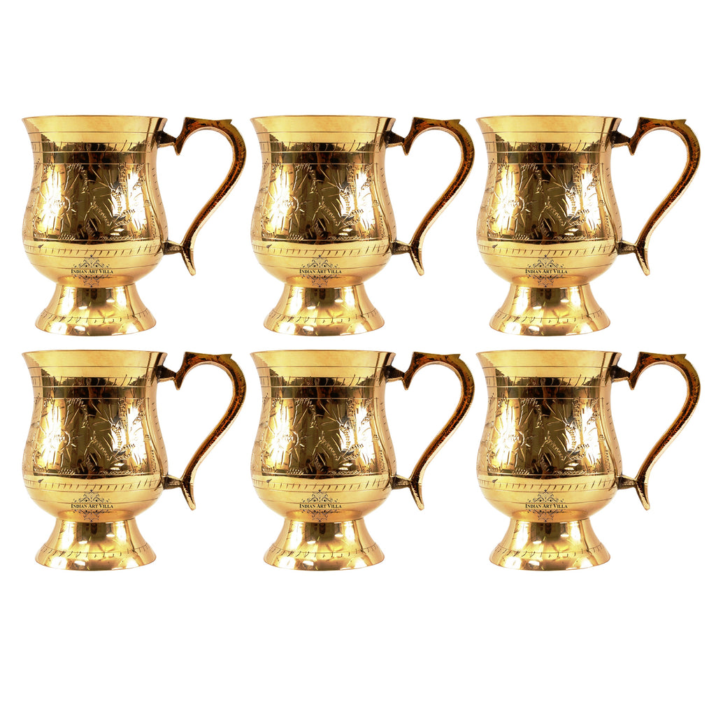 Brass Mughlai Style Tumbler Cup, Mug with a Designer Handle & Floral Design Engraved, Drinkware, 415 ml