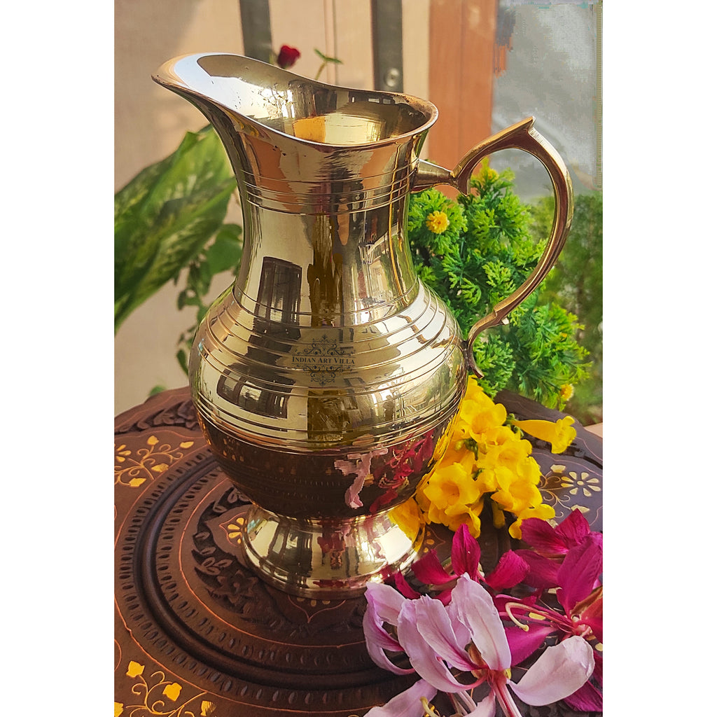 Indian Art Villa Lining & Embossed Design Mughlai Style Brass Jug Pitcher - Storage Drinking Water Home Hotel Restaurant Tableware Gift Item Decorative