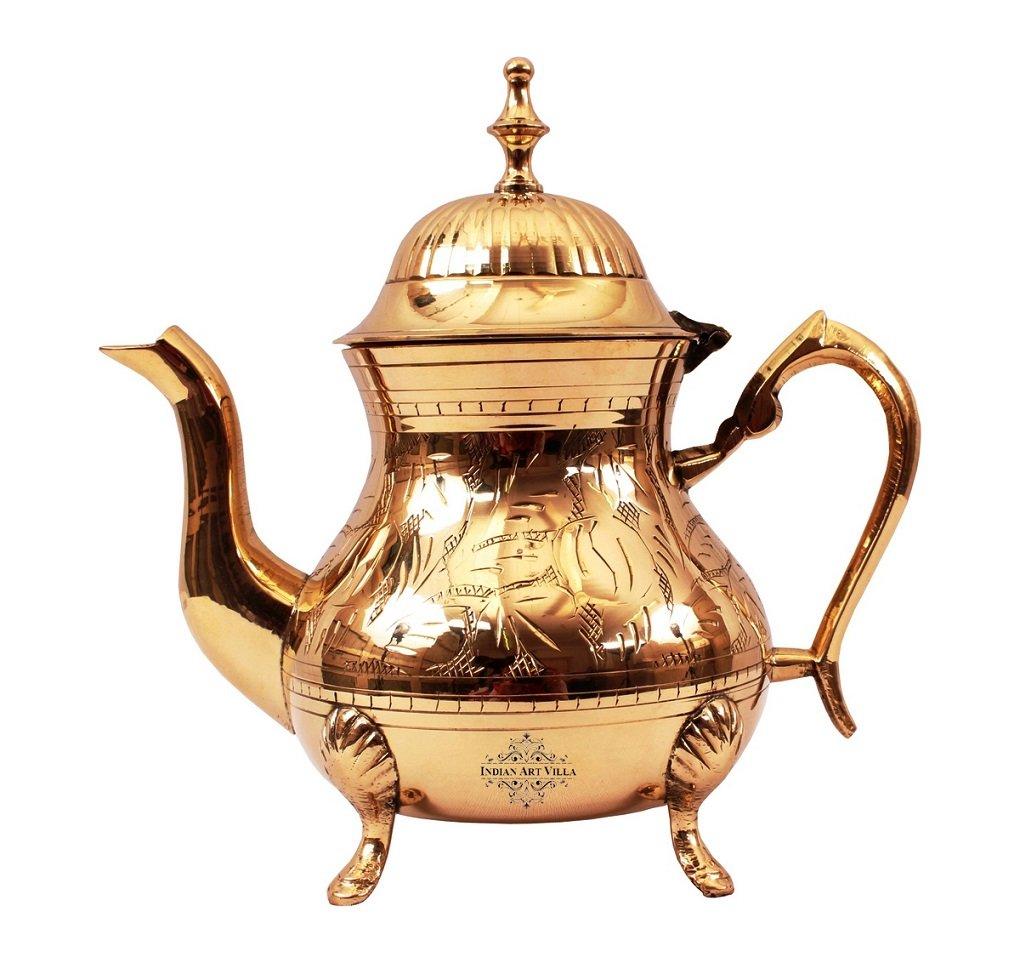 Indian Art Villa Brass Mughlai Style Teapot with Lid & a Designer Handle, Engraved Leaves Design, Serveware, Tableware, 650 ml
