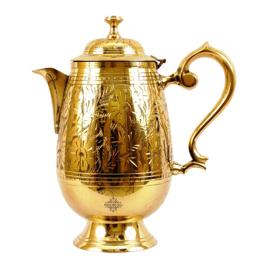 indian art villa engraved Pital jug with top lid and side spout luxurious antique piece for kitchen and decor