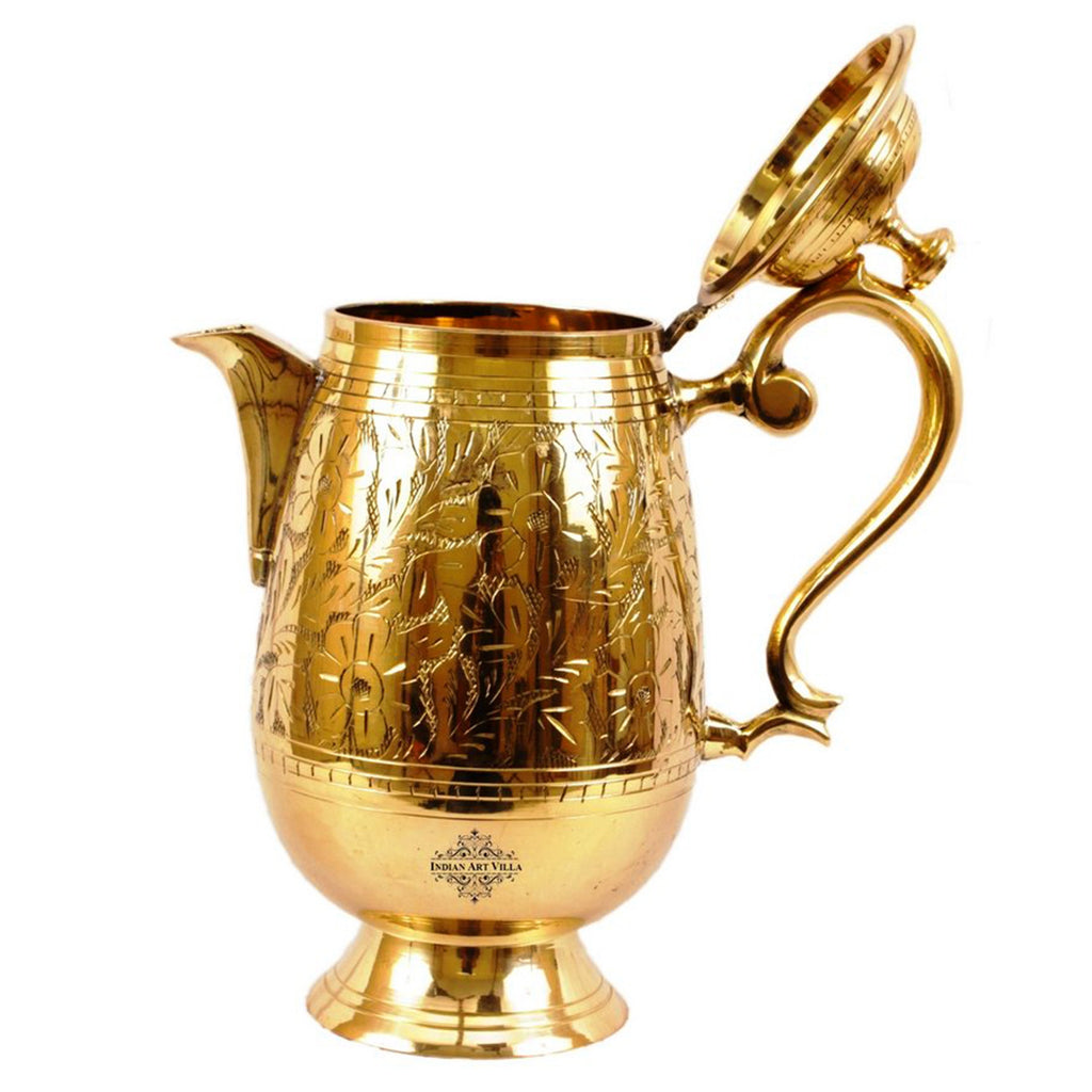 Indian Art Villa Pure Brass Designer Engraved Jug, Pitcher with Lid & Spout, Drinkware, Tableware, 1400 ml