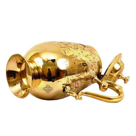 brass pitcher with hinged lid engraved body and stylish spout by indian art villa suitable for pooja or festive serving