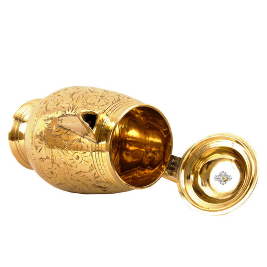 Pure Brass Designer Engraved Jug, Pitcher with Lid & Spout-1000 ml