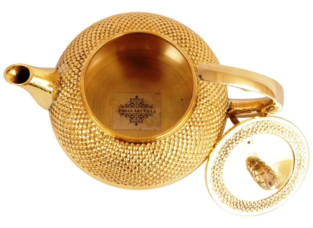 Indian Art Villa Brass Bubble Hammered Teapot with Lid & a Designer Handle, Serveware, Tableware